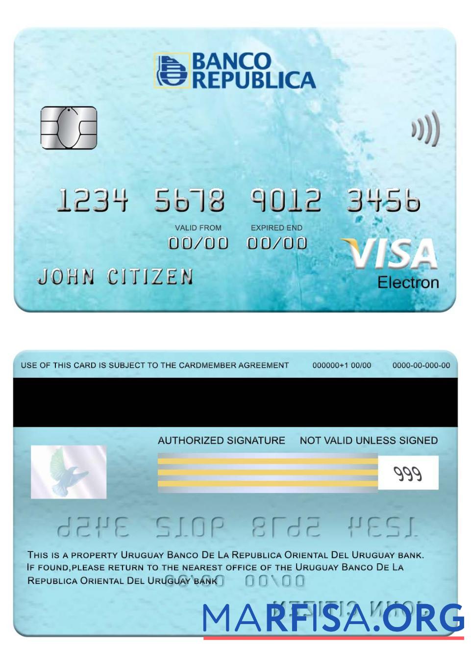 Printable Uruguay Banco De La Republica Oriental Del Uruguay bank visa electron card example
